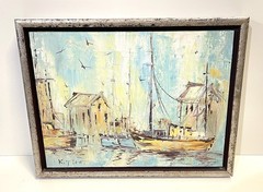 Vintage Harbor Scene Painting On Canvas Framed And Signed