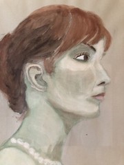 PORTRAIT YOUNG WOMAN WOMAN RED HAIR PEARL NECKLACE MODERN ART WATERCOLOUR 70s 80s