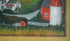 Vtg Oil Painting – Old White Farmhouse Silo Barn – Folk Art – Wood Frame
