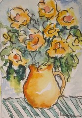 Pitcher with Yellow Roses – Original art Unmatted ACEO watercolor miniature