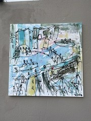 City on the River orig signed Painting 80x80cm Acrylic Picture LW Landscape Holiday Scene