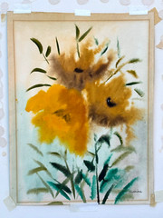 VINTAGE WATERCOLOR PAINTING SIGNED MAXINE GOLDEN YELLOW ORANGE FLOWERS FLORAL