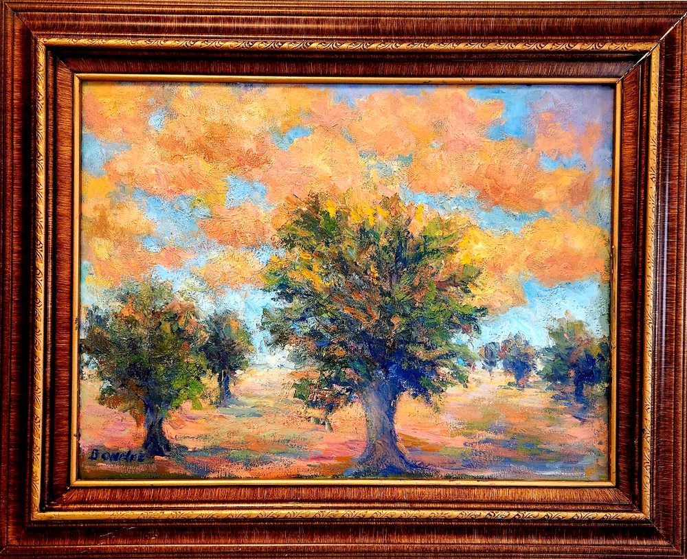 Oil Painting Landscape Grove of Trees Orange Clouds Fields Framed by Donalee
