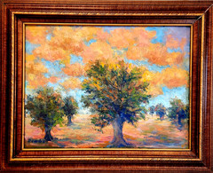 Oil Painting Landscape Grove of Trees Orange Clouds Fields Framed by Donalee