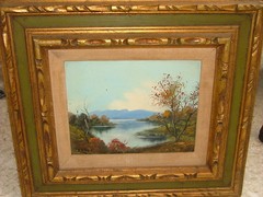 REYES North Or South America Midcentury Painting Lake With Hills Or Mountains