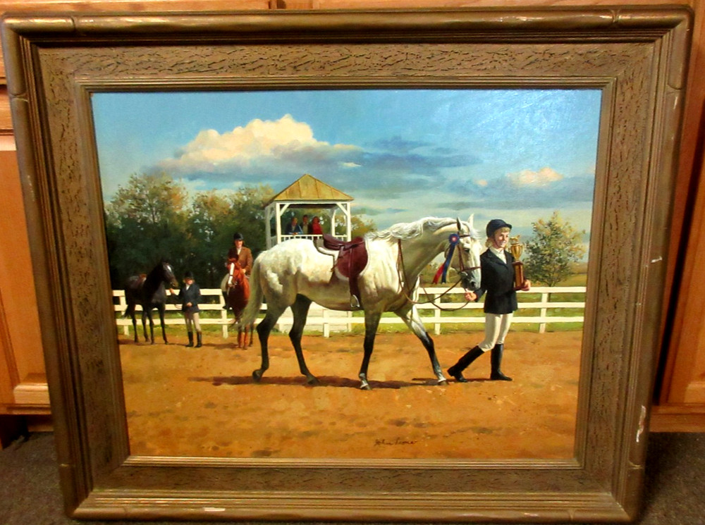 JOHN LEONE OIL PAINTING ON BOARD OF HIS EQUESTRIAN TALENTED DAUGHTER W/TROPHY