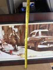 Framed City Street Scene Painting Vintage Car & Cyclist Signed Art Print