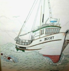 Oregon Nautical Maritime, Original Painting: Fishing Vessel, „Becky.“ Excellent.