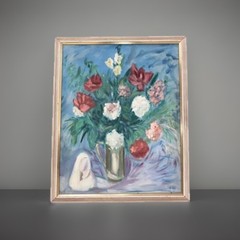 1960s Still Life Flowers Oil Painting Original Floral Vase Madonna MCM 22” X 18”