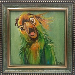 Bird Parrot Original Oil Painting Wildlife Small Wall Art Tiny Gift Size 4*4 inc
