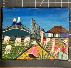 VTG Tigua Style Folk Art Painting on Leather Landscape Ecuador Alpaca Cotopaxi