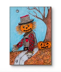 ACEO Original Scarecrow Pumpkin Spooky Trees Acrylic & Pencil by Charlene Slie