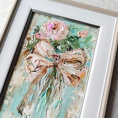 Original Oil Painting Pink Bow and Rose Art Miniature Signed Art 6×4 in