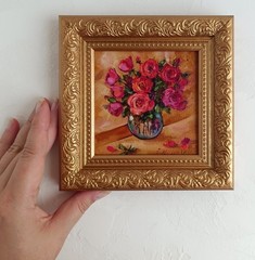 Pink Roses Bouquet Original Oil Painting Framed Still Life in Bronze frame 4×4″