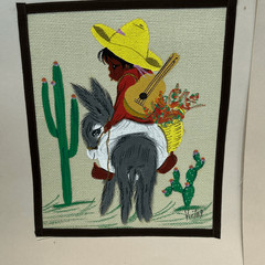 Vtg Mexican Folk Art Painting on Burlap Set 2 Boy Girl Donkey Family Cactus Guit