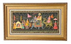 Vintage Indian Miniature Painting Royal Procession Elephant Camel Framed Art