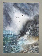 Watercolor Seascape with Sailboats Nautical Ocean Storm Art Relaxing marine art