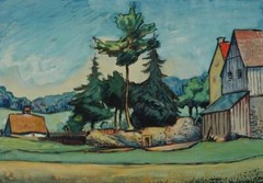 Vintage Impressionist 1947 Watercolor of A Farmhouse & Barns Signed A. Kraft