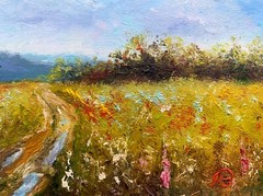 Rustic landscape Original Oil painting Field with trees Country Road 4×8 nature