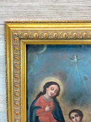 Antique Mexican Retablo Holy Family Jesus Mary Joseph c1850 Oil on Tin Folk Art