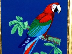 Lovely Bird Tree Branch Oil on Green Velvet Original Hand made Painting Framed