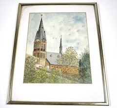 Vintage Architectural Watercolor Church Tower – Framed 21″ Artwork
