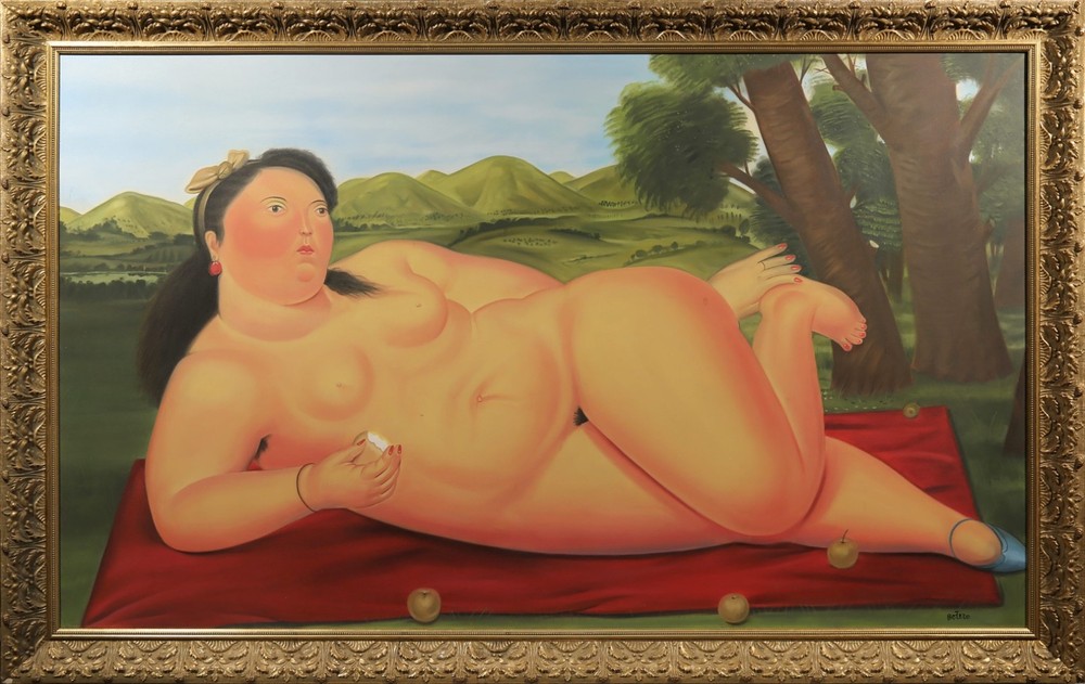 „Colombiana“ Reclining Nude Woman Oil Painting in the Manner of Fernando Botero