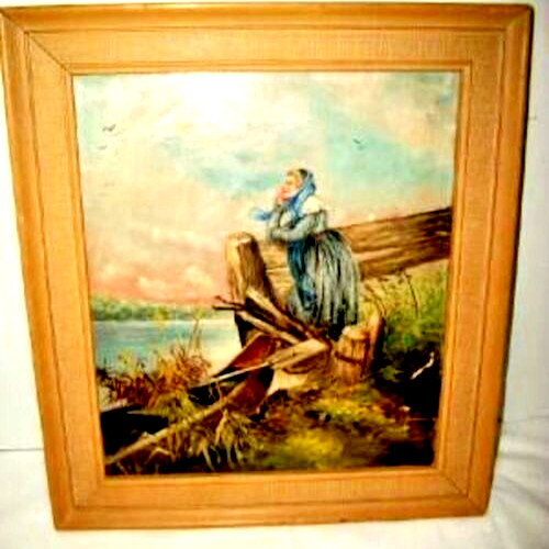 1900s Oil Painting French Peasant Lady Lake Boat Birds Textured Frame Nailheads