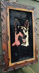 Vtg GERMAN SHEPHERD DOG Original BLACK VELVET OIL PAINTING Carved Wood Frame 25″