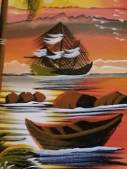 Acrylic Painting on Stretch Canvas Island Ocean Scene Boat Ship Palm Tree Sunset