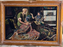 The Carpet Mender & His Daughter Oil Painting on Velvet Framed Arabic Art 41×56