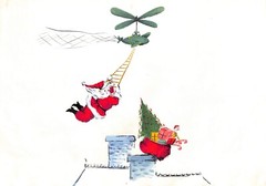 „Lanvin Paris Santa Delivering Presents Via Helicopter c1950s Artwork“