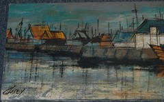 Mid Century Original Painting Harbor Scene W Boats Buildings Water Signed Garey