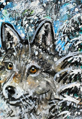 ORIGINAL ACEO Grey WOLF Painting Winter Snow Wild Dog Animal Tree Nature ART