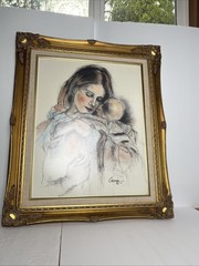 Pastel & Charcoal Art Mother w’ Child Artist Levin 1975 BEAUTIFUL VINTAGE FRAME