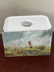 Vintage Mini Oil Painting on Masonite Board Signed „Keuga(?)“ Girl in Field