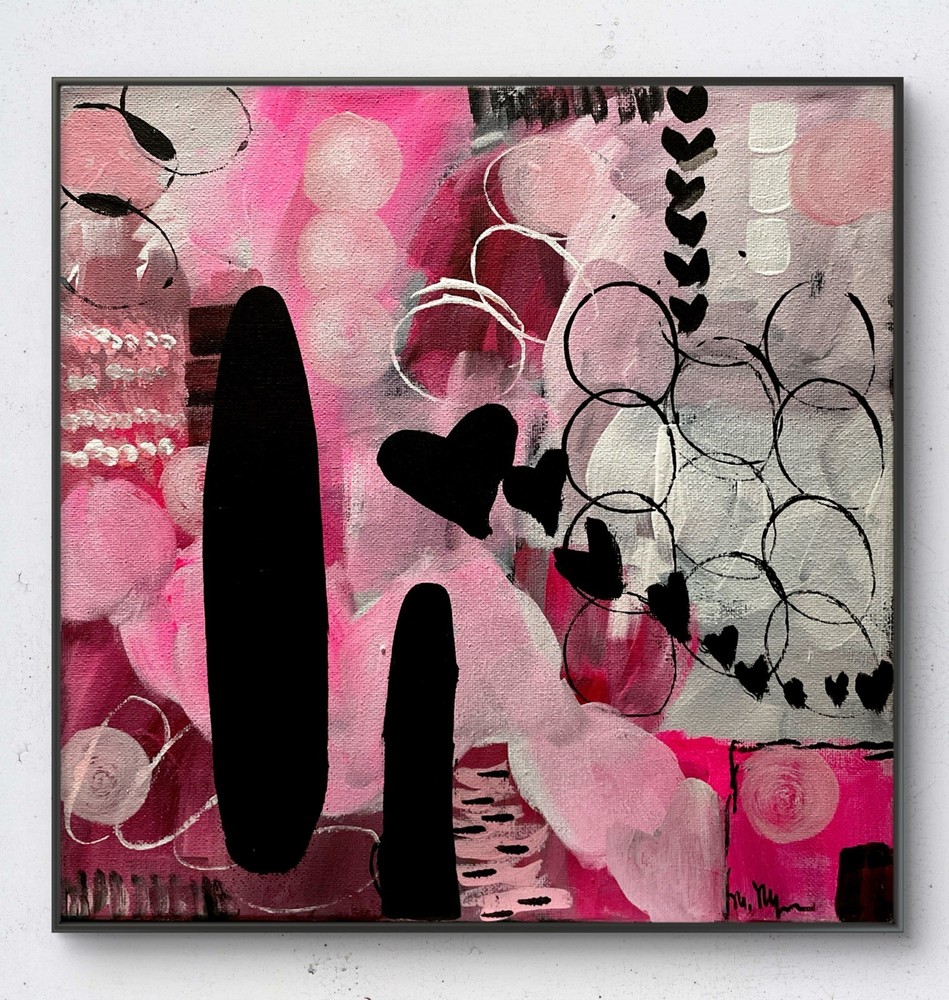 Vibrant Abstract Mary Myers Original Acrylic Layered Hot Pink Black Shapes