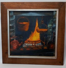 ORIGINAL (SIGNED BY ARTIST 1970s) Oil Painting on Board (FIRE PLACE) 23 1/2in SQ