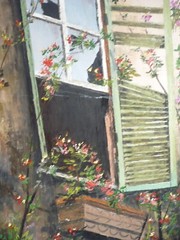 BRAZIL Brazilian VINTAGE FOLK ART, SIGNED OIL PAINTING, GARDEN WINDOW MODERN