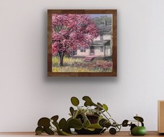 Original Oil Landscape Painting Wall Art 8X10 APPLE BLOSSOMS PINK FRONT PORCH