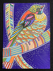 ACEO Original, Abstract Bird Tree Branch, Mini Art Painting, by Annibbie