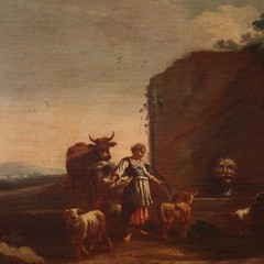 Roman school antique painting oil canvas artwork bucolic landscape 17th century
