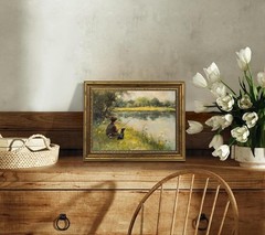 Vintage Gold Framed Wall Art Boy Fishing Country Painting Picture Peaceful Lake