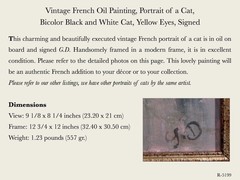 Vintage French Oil Painting, Portrait of a Black & White Cat Yellow Eyes Signed