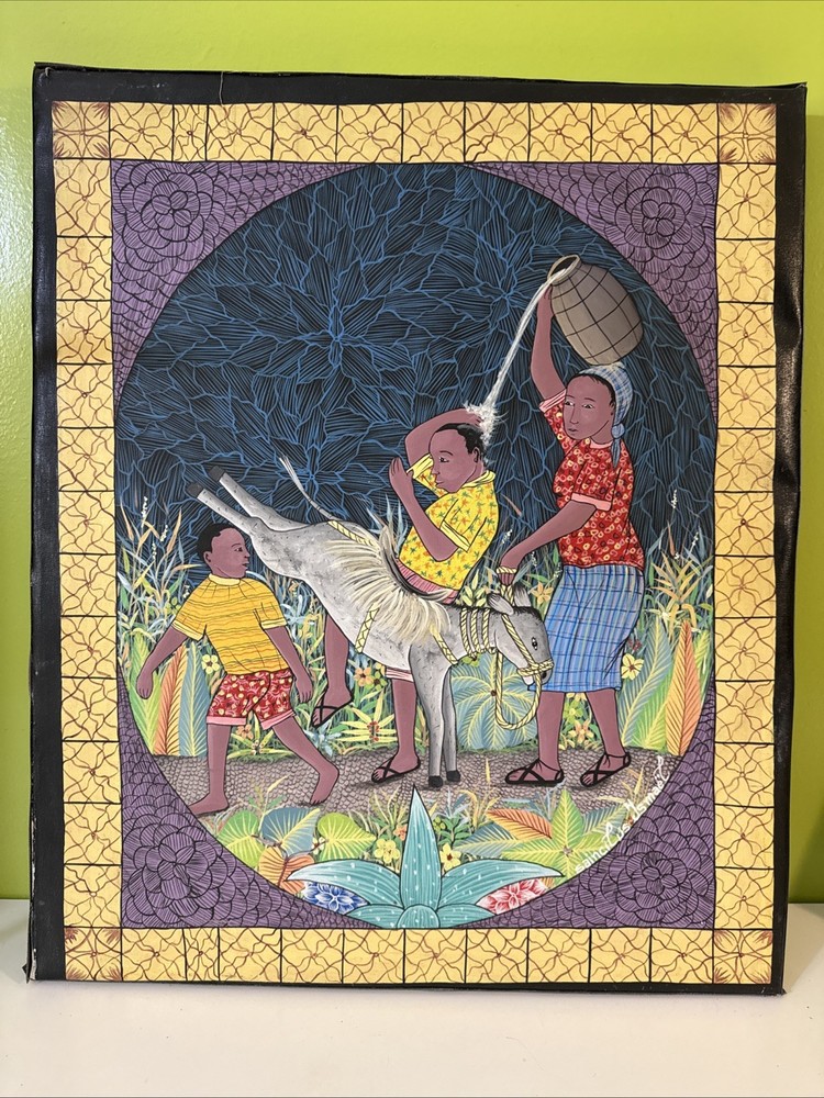 Saincilus Ismael Haitian Folk Art Painting Signed Family and Donkey, 19×23”