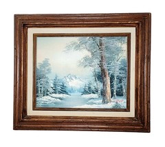 Vintage Irene Cafieri Original Oil Painting Mountains Winter Snow Trees River