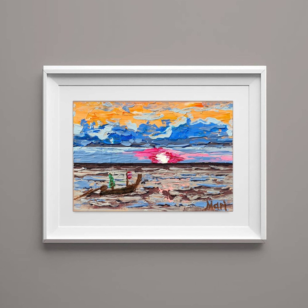 Sunset Seascape Painting Boat Ocean Original Art Colorful Coastal Wall Decor 6×8
