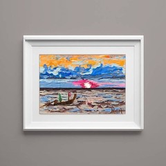 Sunset Seascape Painting Boat Ocean Original Art Colorful Coastal Wall Decor 6×8