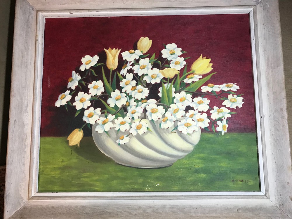Vintage M Harrison „Still Life With Flowers“ Oil Painting- Signed And Framed