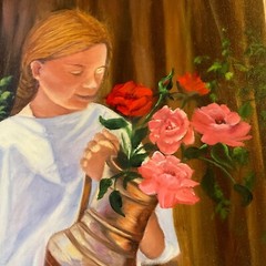 Girl with flowers Young woman portrait original painting Vintage 90s roses